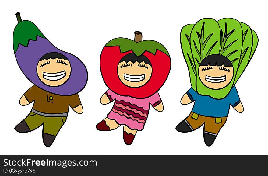 Three happy kids dancing and wearing vegetable costumes. Three happy kids dancing and wearing vegetable costumes