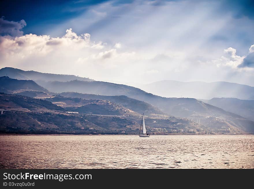 Alone sailing ship yacht