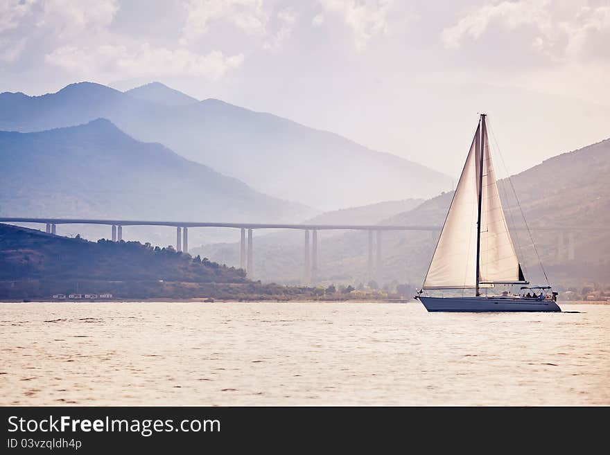 Alone sailing ship yacht