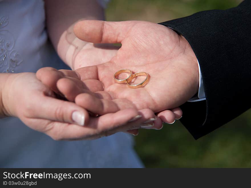 Two wedding rings on a groom's hand embraced with the hands of bride