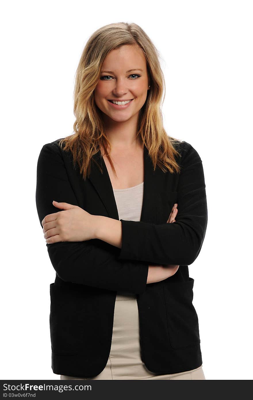 Young Businesswoman smiling and with her arms crossed isolated on a white background