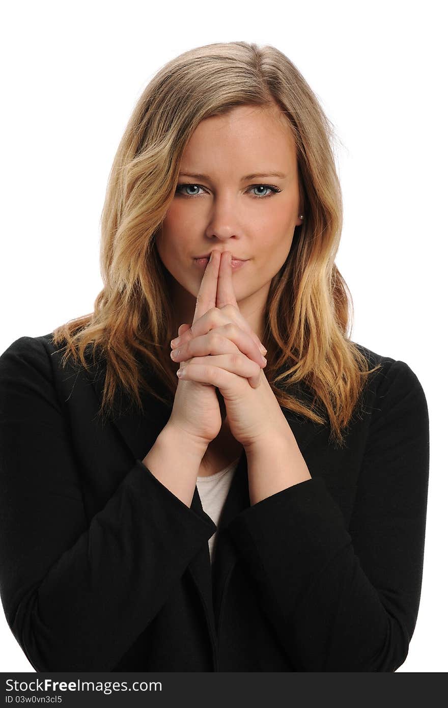 Young businesswoman with hands on her mouth isolated on a white background