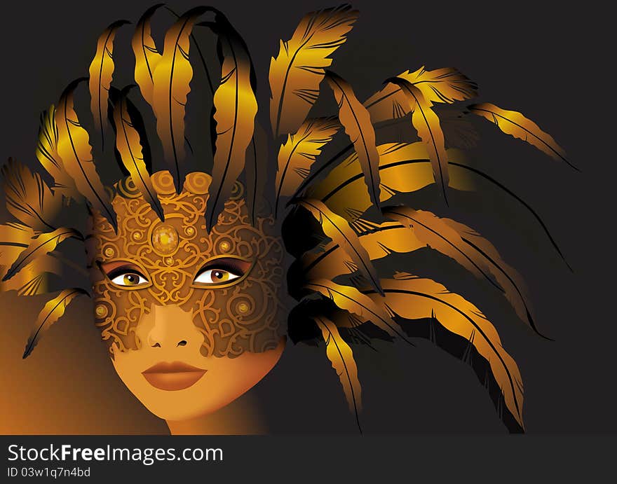 Woman person in a gold mask with feathers