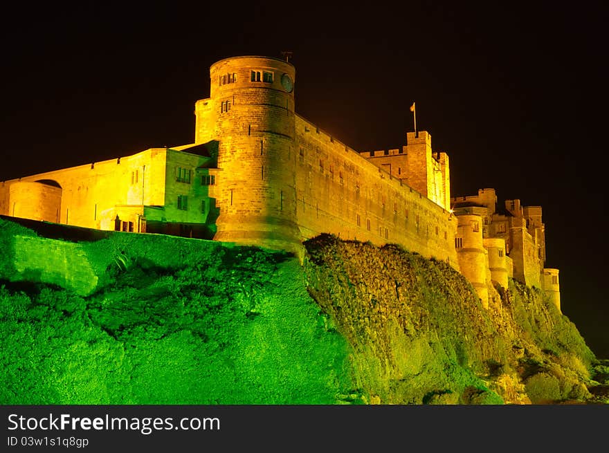 Bamburgh Castle at night close up