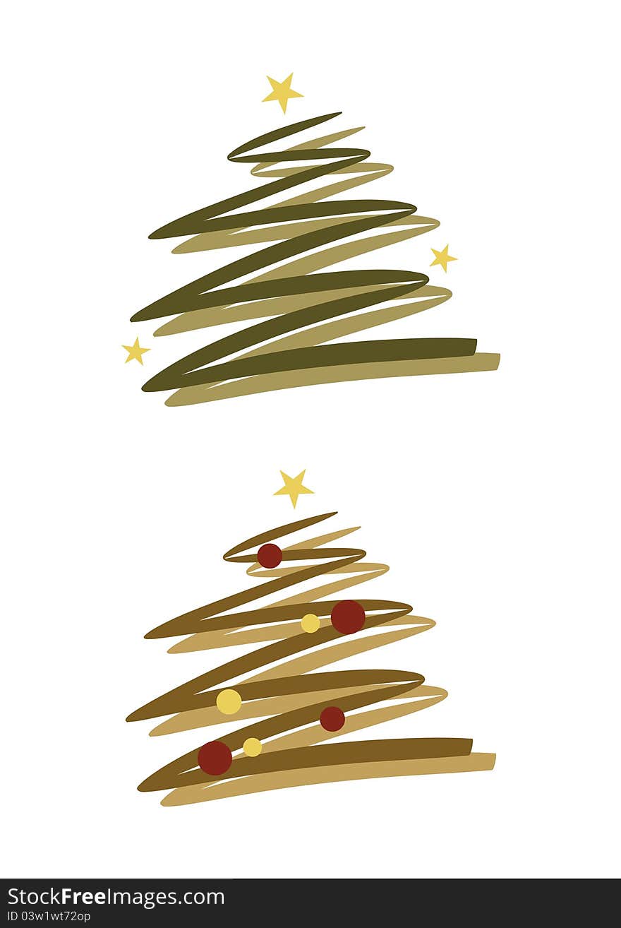 Abstract modern christmas tree with stars and ornaments (two versions included)