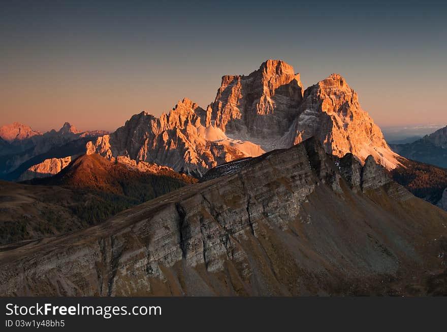 Sunset in Italian Dolomites with Monte Mondeval in the foreground. Sunset in Italian Dolomites with Monte Mondeval in the foreground