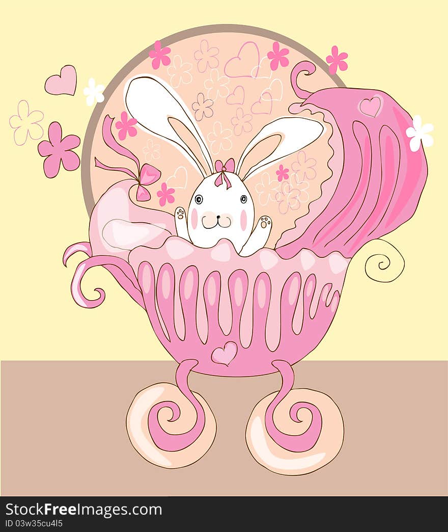 Illustration of little cute baby girl rabbit sitting in beautiful pink carriage with small flowers and hearts. Illustration of little cute baby girl rabbit sitting in beautiful pink carriage with small flowers and hearts