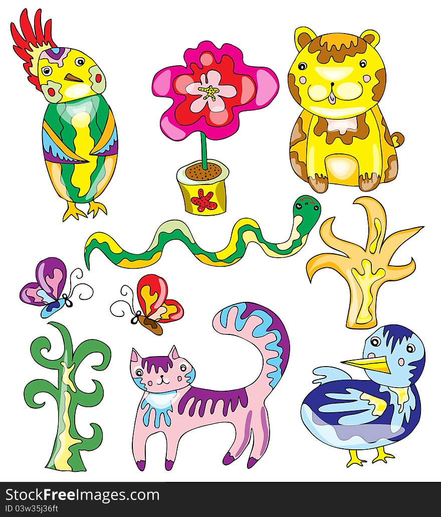 Vector illustration with funny colourful animals and plants kit. Vector illustration with funny colourful animals and plants kit