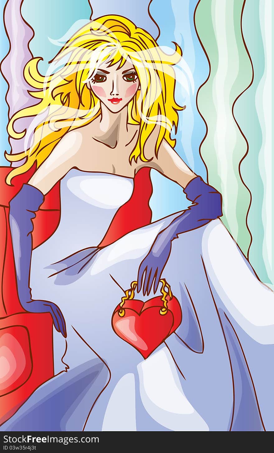 Illustration of beautiful blond woman sitting in red arm-chair with small bag in the form of heart. Illustration of beautiful blond woman sitting in red arm-chair with small bag in the form of heart