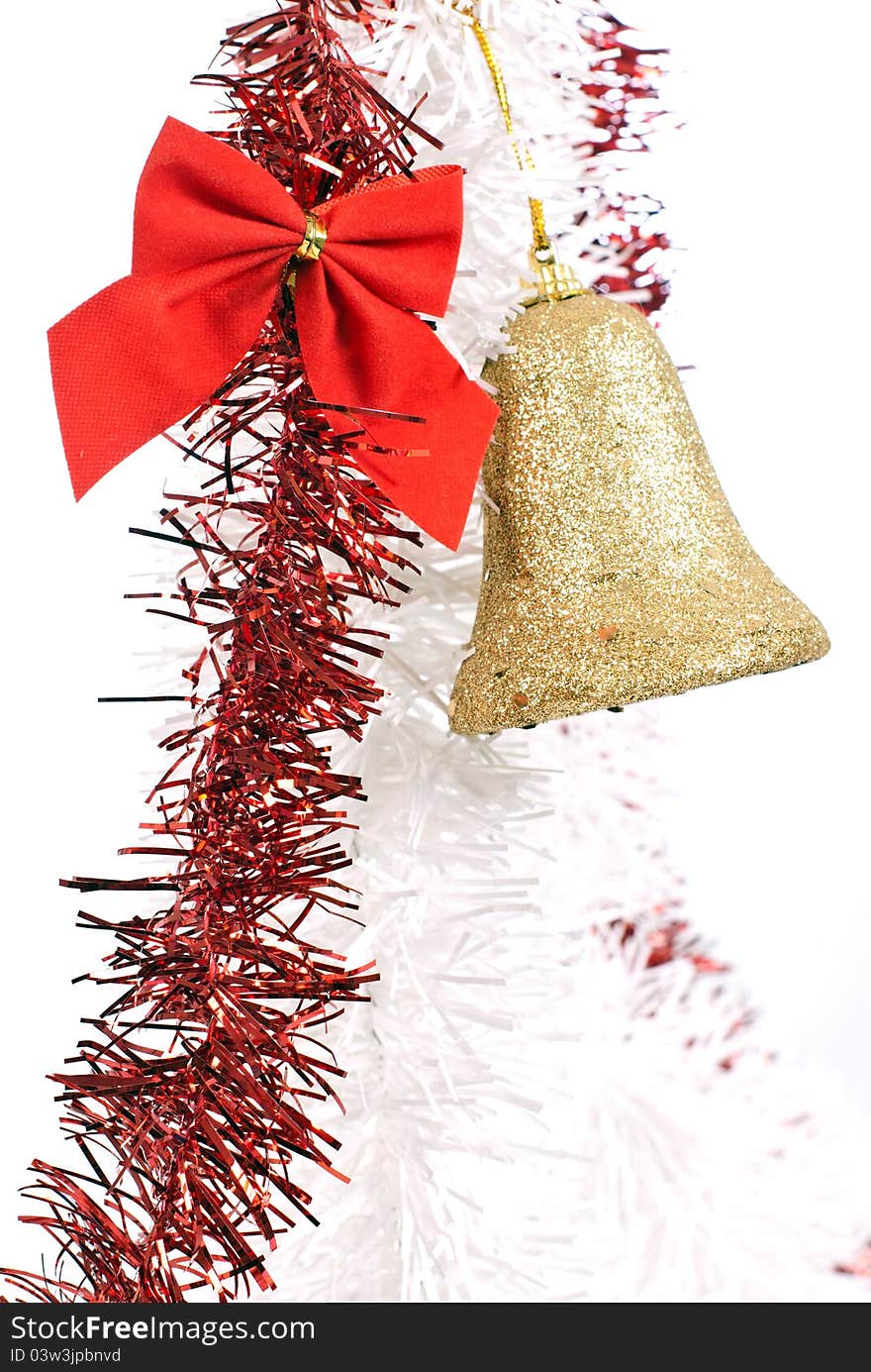 Chritmas decoration with tinsel and ribbon on white background. Chritmas decoration with tinsel and ribbon on white background