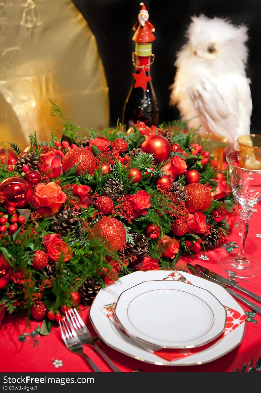 Holiday decoration on table in typical Christmas colors. Holiday decoration on table in typical Christmas colors