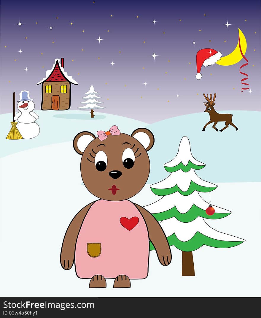 Image of a bear on the background of a winter landscape