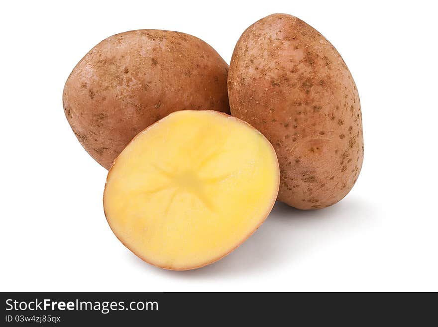 Three potatoes against white background. Three potatoes against white background