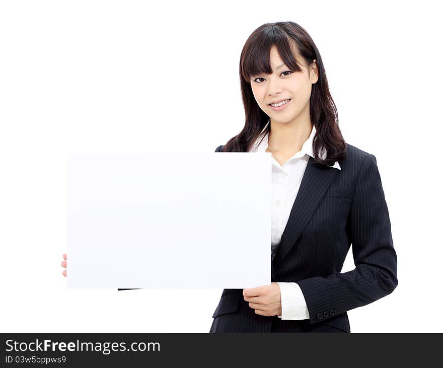 Young asian business woman holding blank board. Young asian business woman holding blank board