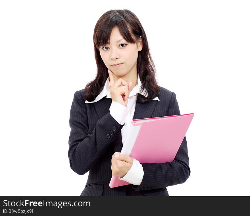 Portrait of young asian business woman thinking. Portrait of young asian business woman thinking