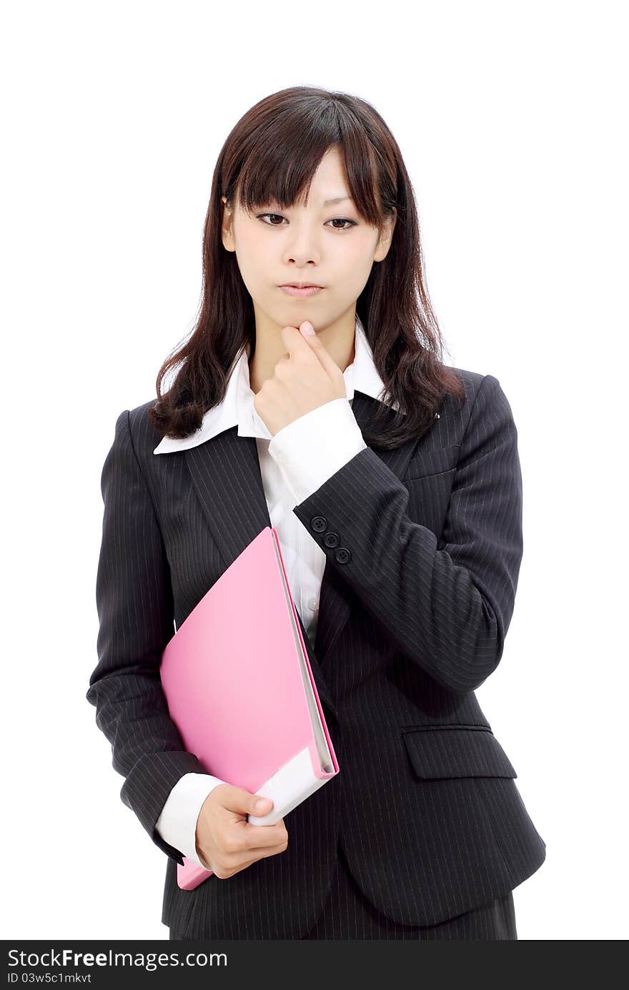 Portrait of young asian business woman thinking. Portrait of young asian business woman thinking