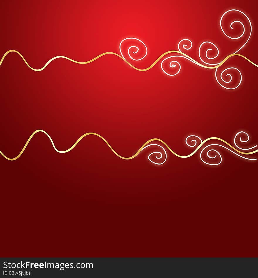 Red Holiday Background with Curved Golden Lines