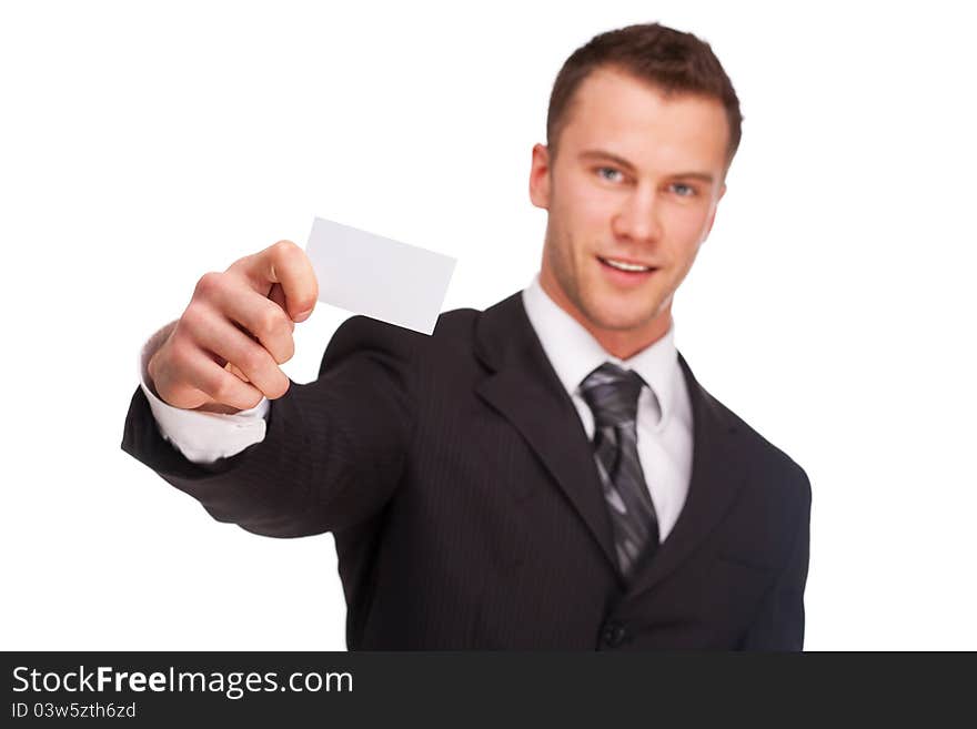 Portrait of a business man with blank card isolated on white background. Studio shot. Portrait of a business man with blank card isolated on white background. Studio shot.