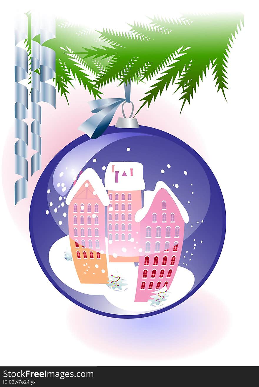 The image of the urban landscape of winter on the surface of the Christmas ball. The image of the urban landscape of winter on the surface of the Christmas ball