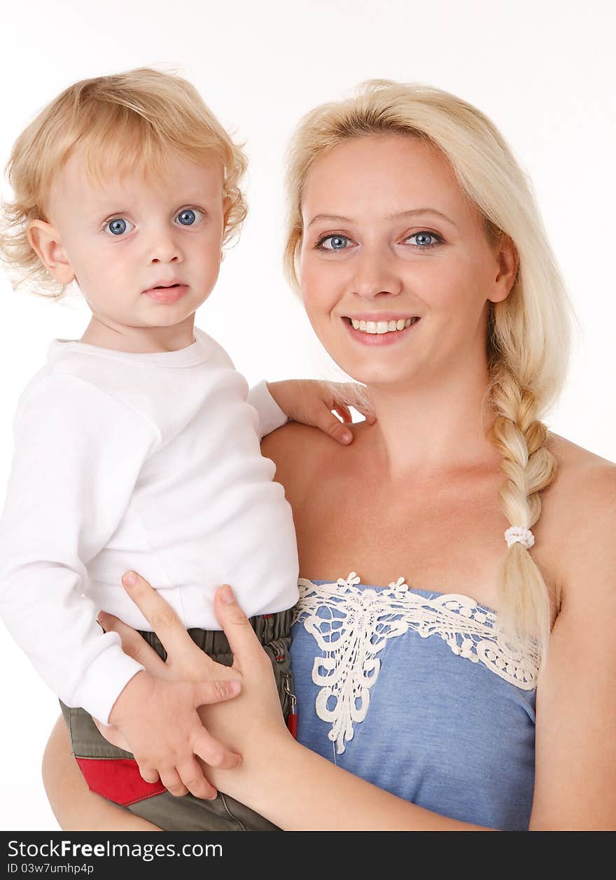 Happy mother and son smiling.White background