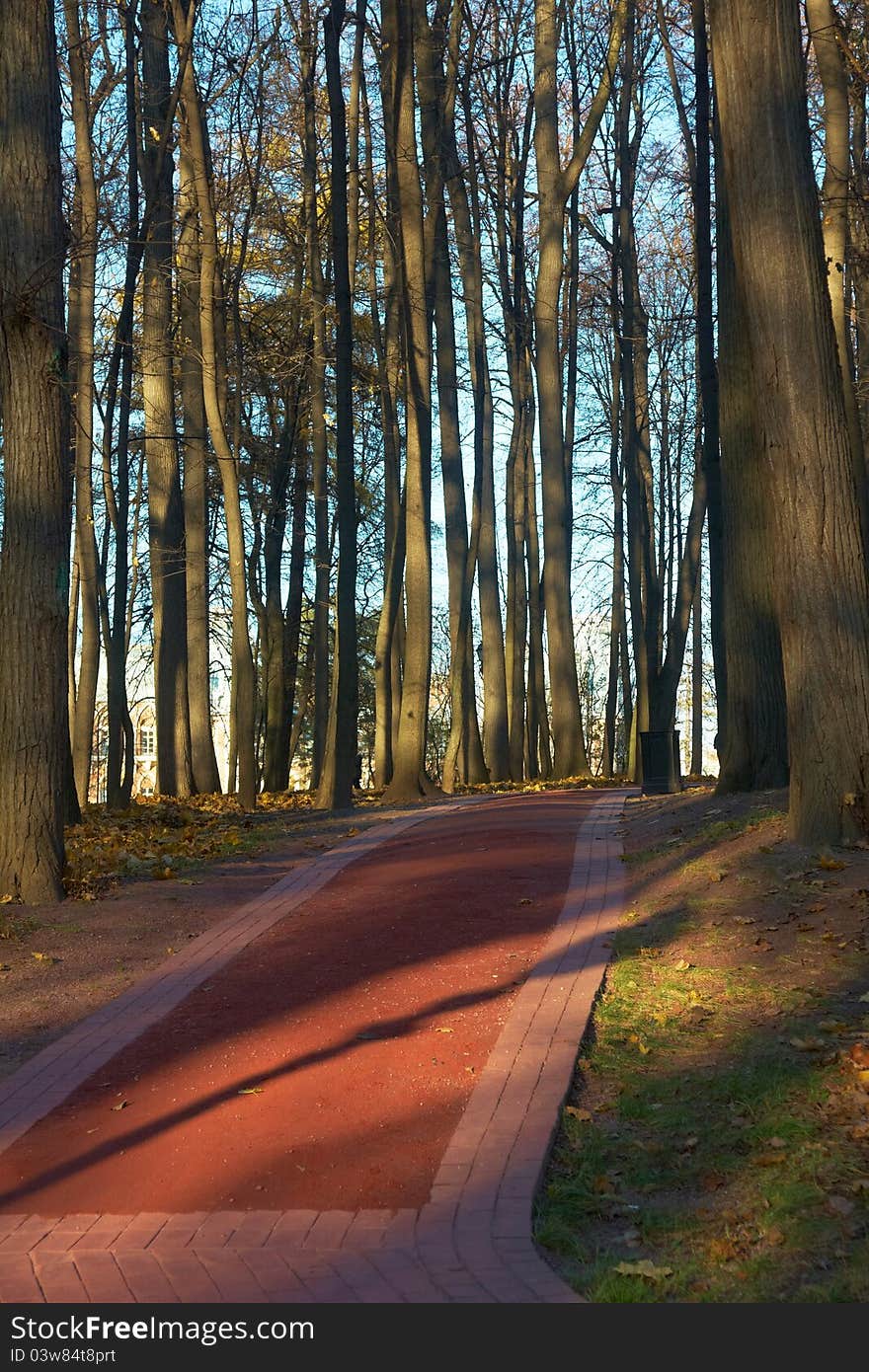 Sunny fall red brick Â¬ path, Tsaritsyno park, Moscow, Russia. Sunny fall red brick Â¬ path, Tsaritsyno park, Moscow, Russia