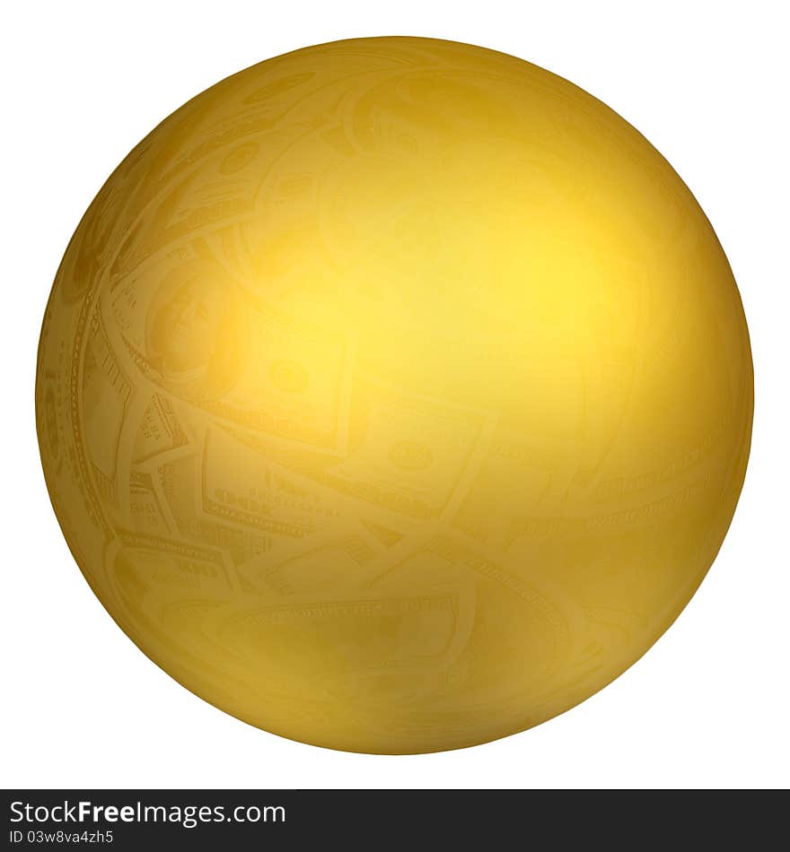 Big golden sphere and dollar reflection, isolated object