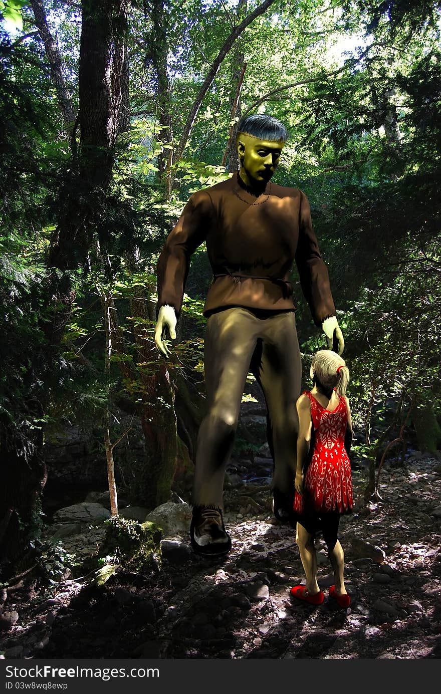 A young little girl with a red dress meets the Frankenstein monster in the middle of a wood. A young little girl with a red dress meets the Frankenstein monster in the middle of a wood.