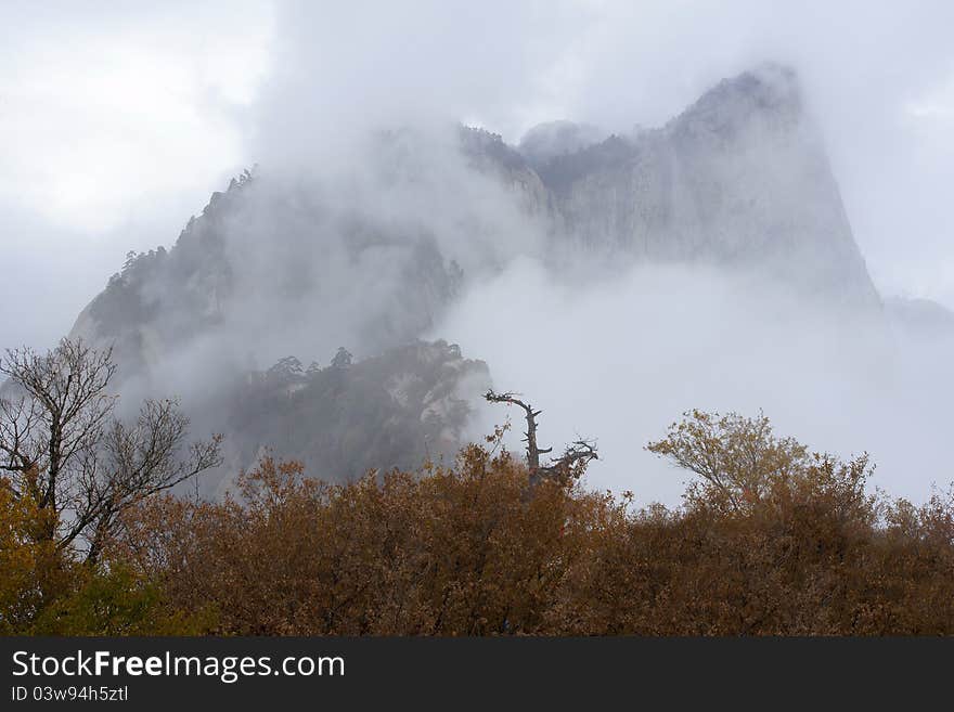 The peak of Mount Hua(Huashan) in the clouds. Huashan is one of the most perilous tourist attractions in china. Huashan is located in Huayin, Shannxi, China.