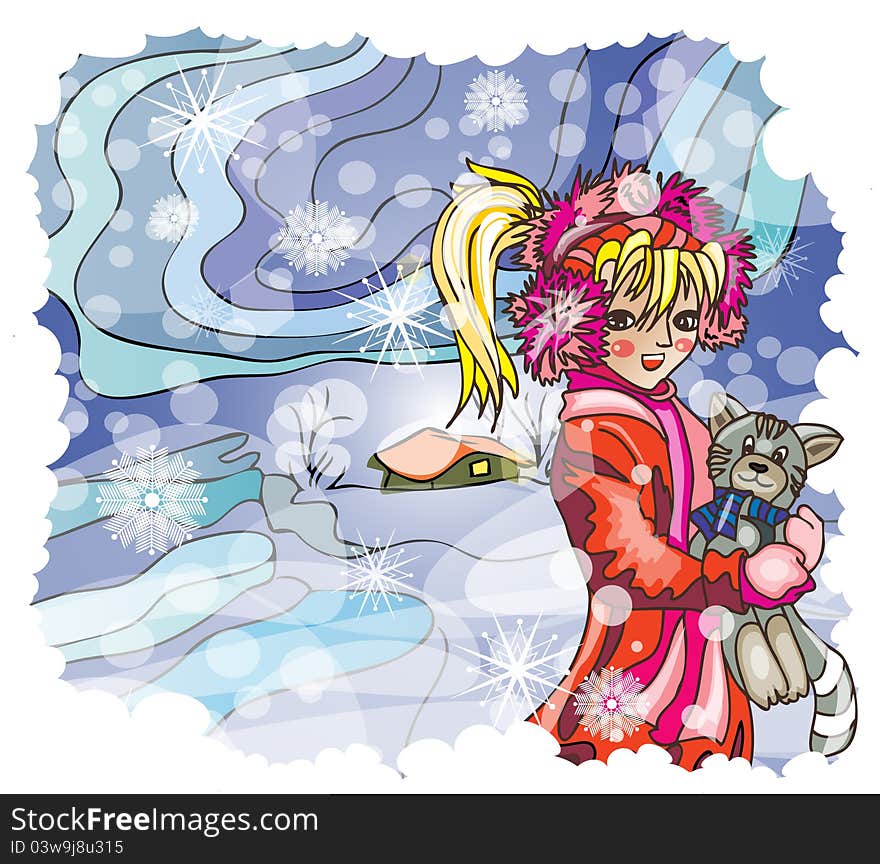 Illustration of little girl in scarf and coat walking with cat toy at snowy winter landscape. Illustration of little girl in scarf and coat walking with cat toy at snowy winter landscape