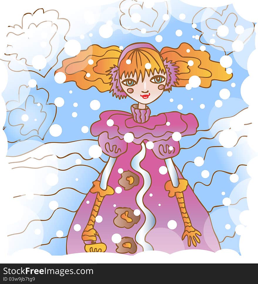 Illustration of little girl in fantasy coat walking with little bag at snowy winter landscape. Illustration of little girl in fantasy coat walking with little bag at snowy winter landscape