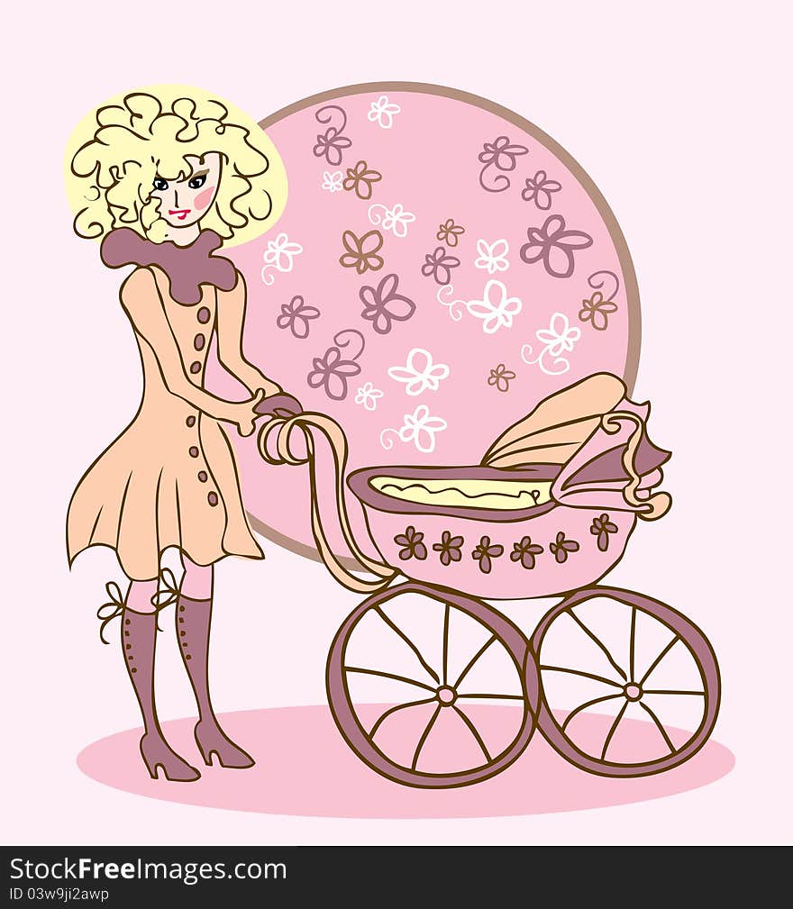 Illustration of youg mother with carriage in vintage style. Illustration of youg mother with carriage in vintage style