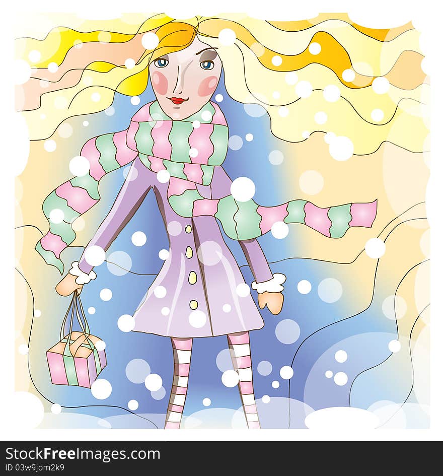 Illustration of beautiful blond girl in scarf and coat walking with small gift package at snowy winter landscape. Illustration of beautiful blond girl in scarf and coat walking with small gift package at snowy winter landscape