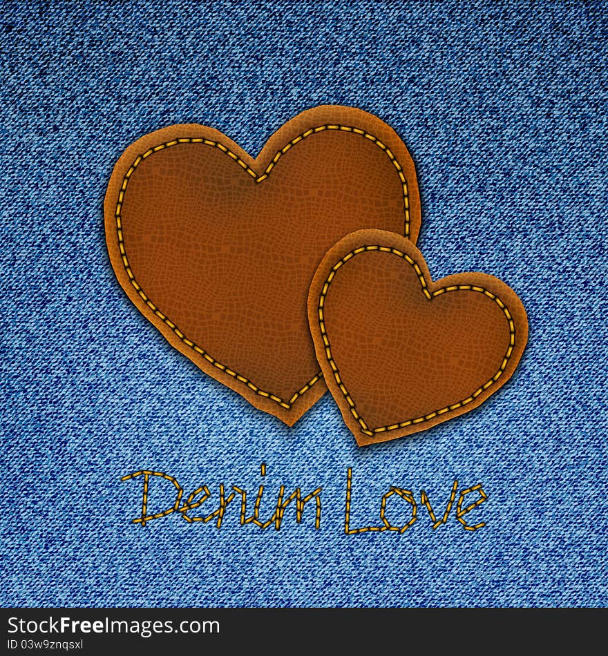 Realistic vector denim background with leather hearts.