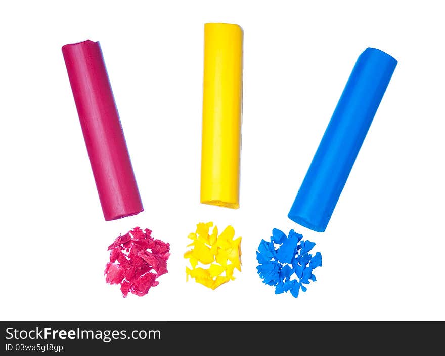 Primary colors of pastel stick and piece on white background