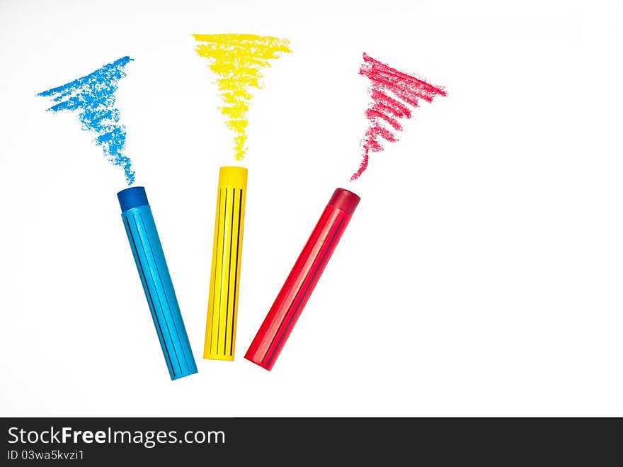 Primary colors of pastel sticks with lines on white background