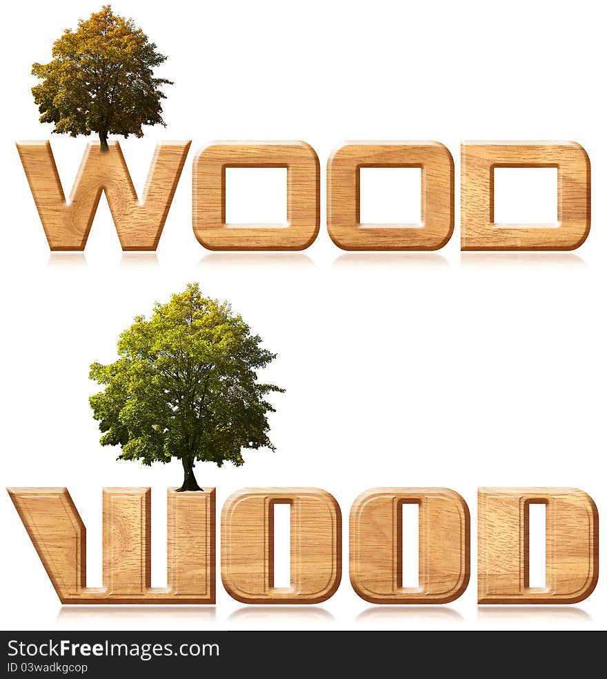 Two words wood in wood material with tree. Two words wood in wood material with tree