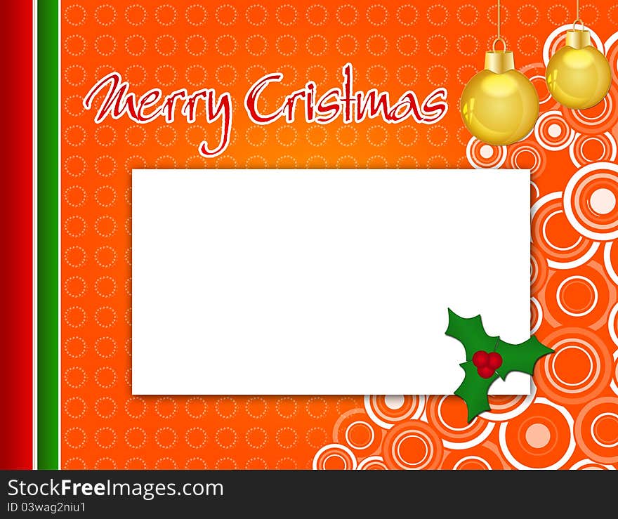 A cheerful and vibrant Christmas greeting card featuring an orange background with decorative circles, holiday ornaments, and a space for a custom message. The card is adorned with a holly leaf and berries for a festive touch. A cheerful and vibrant Christmas greeting card featuring an orange background with decorative circles, holiday ornaments, and a space for a custom message. The card is adorned with a holly leaf and berries for a festive touch.