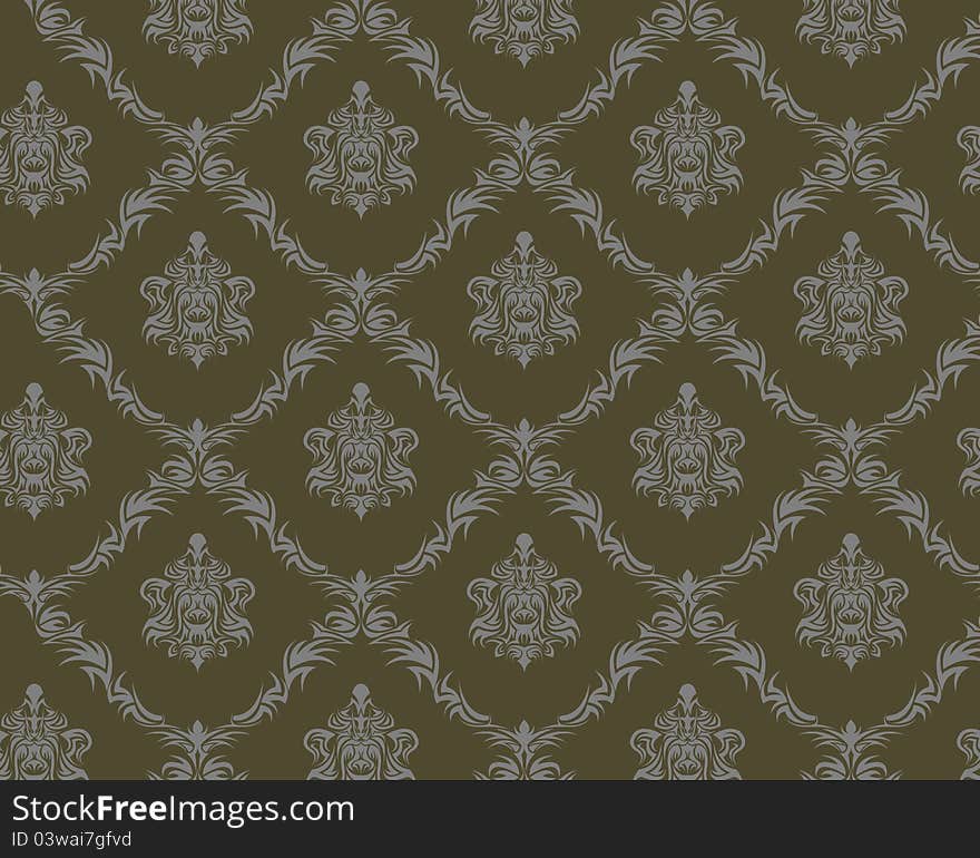 Seamless damask pattern placed on olive background