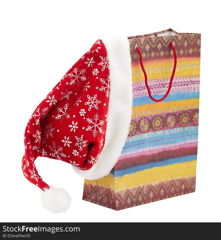 Gift bag and a hat Christmas on a white background