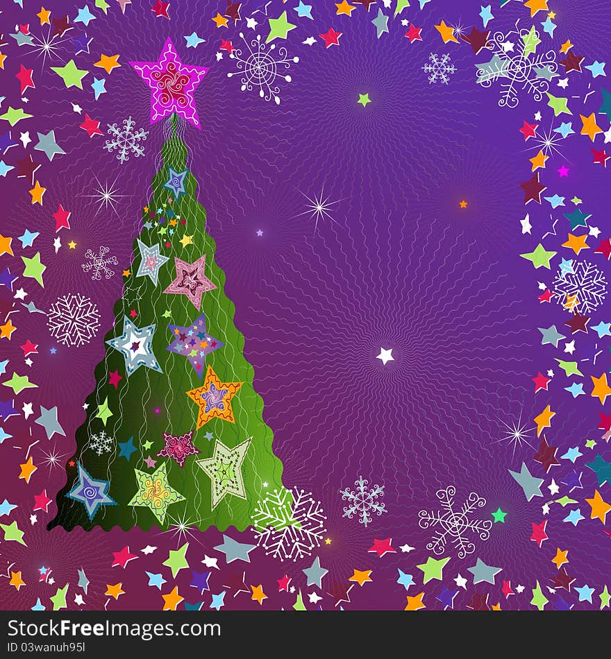 Christmas violet frame with tree, stars and snowflakes. Christmas violet frame with tree, stars and snowflakes