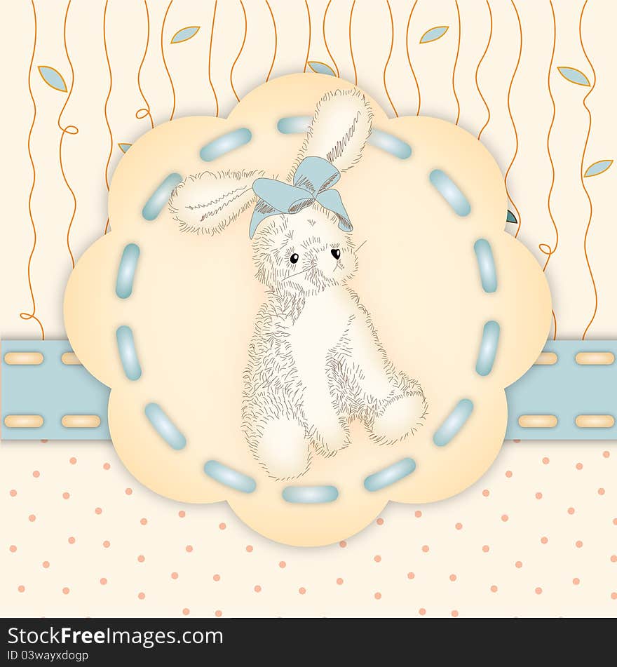 Greeting card with hand drawn bunny on decorative background. Greeting card with hand drawn bunny on decorative background