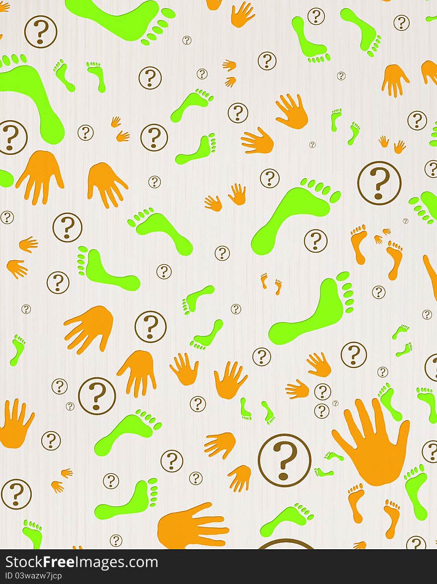 Wallpaper with hands,feet and question signs on wooden background. Wallpaper with hands,feet and question signs on wooden background