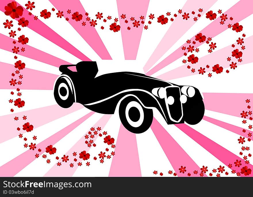 Black silhouette of veteran car with pink bakcground and floral ornaments