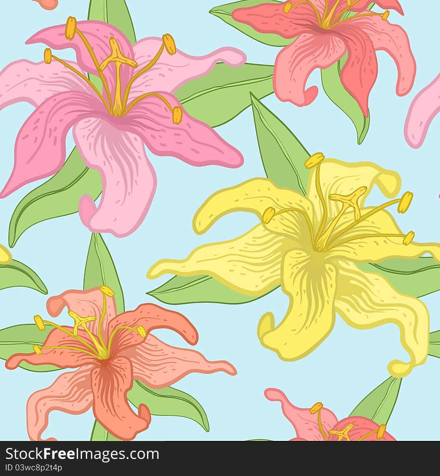 Vector floral seamless background with yellow lilies. Vector floral seamless background with yellow lilies.