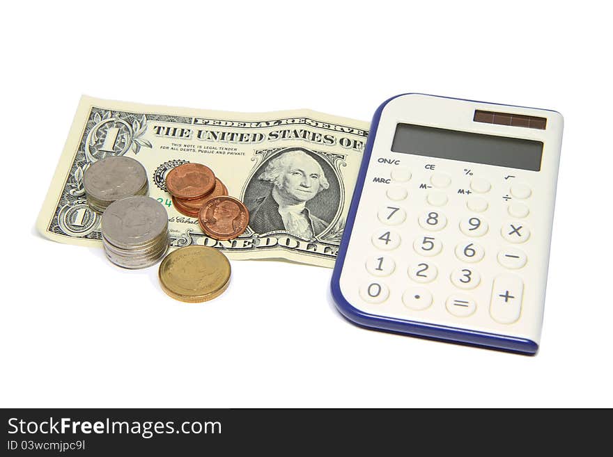 US Dollar bills, coin and calculator on white background