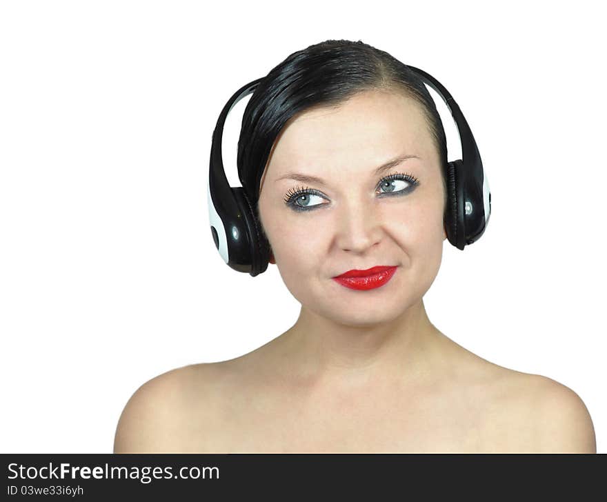 Nice portrait of a girl brunette with red lips on a white background. Nice portrait of a girl brunette with red lips on a white background