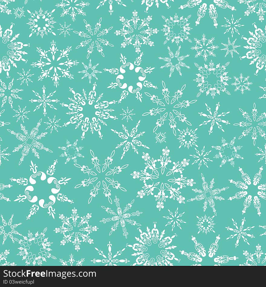 Seamless pattern with various white snowflakes on light emerald green background. Vector illustration. Seamless pattern with various white snowflakes on light emerald green background. Vector illustration