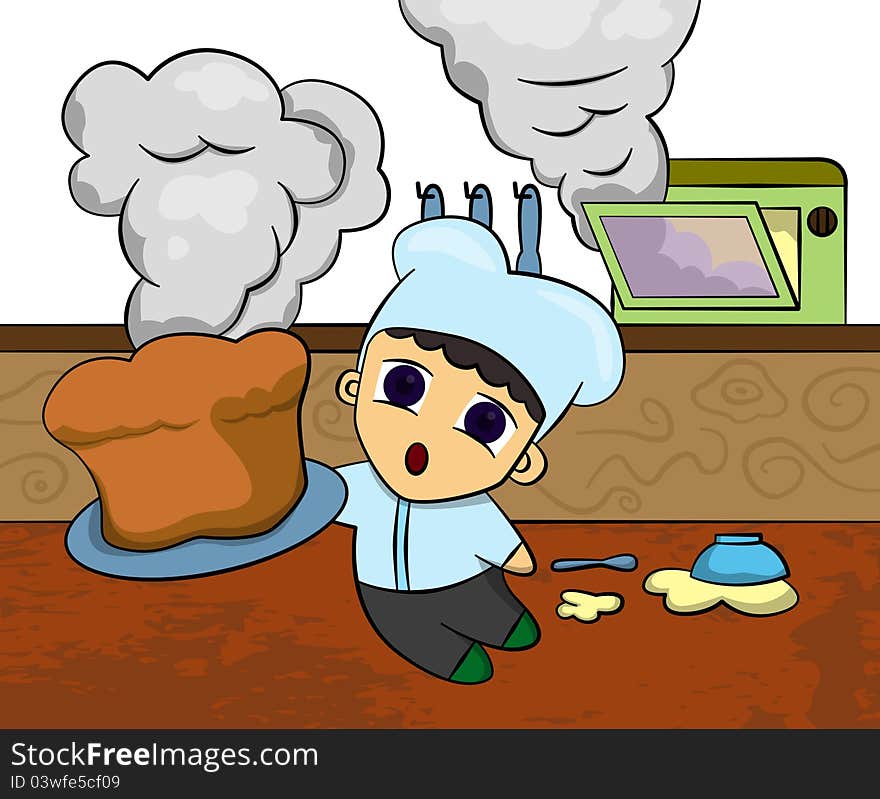 Cute illustration of a baker carrying a hot bread. Cute illustration of a baker carrying a hot bread