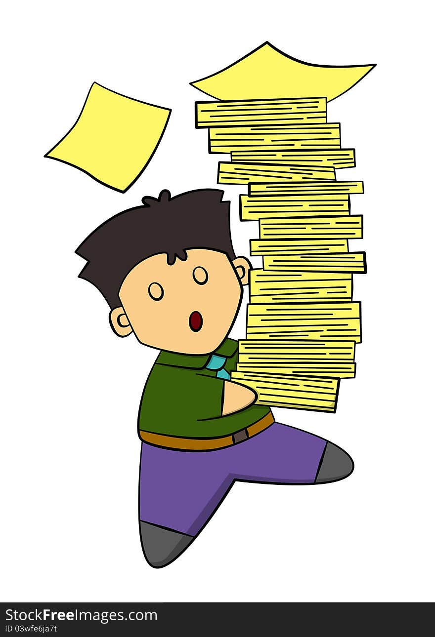 An office worker carrying piled up papers. An office worker carrying piled up papers