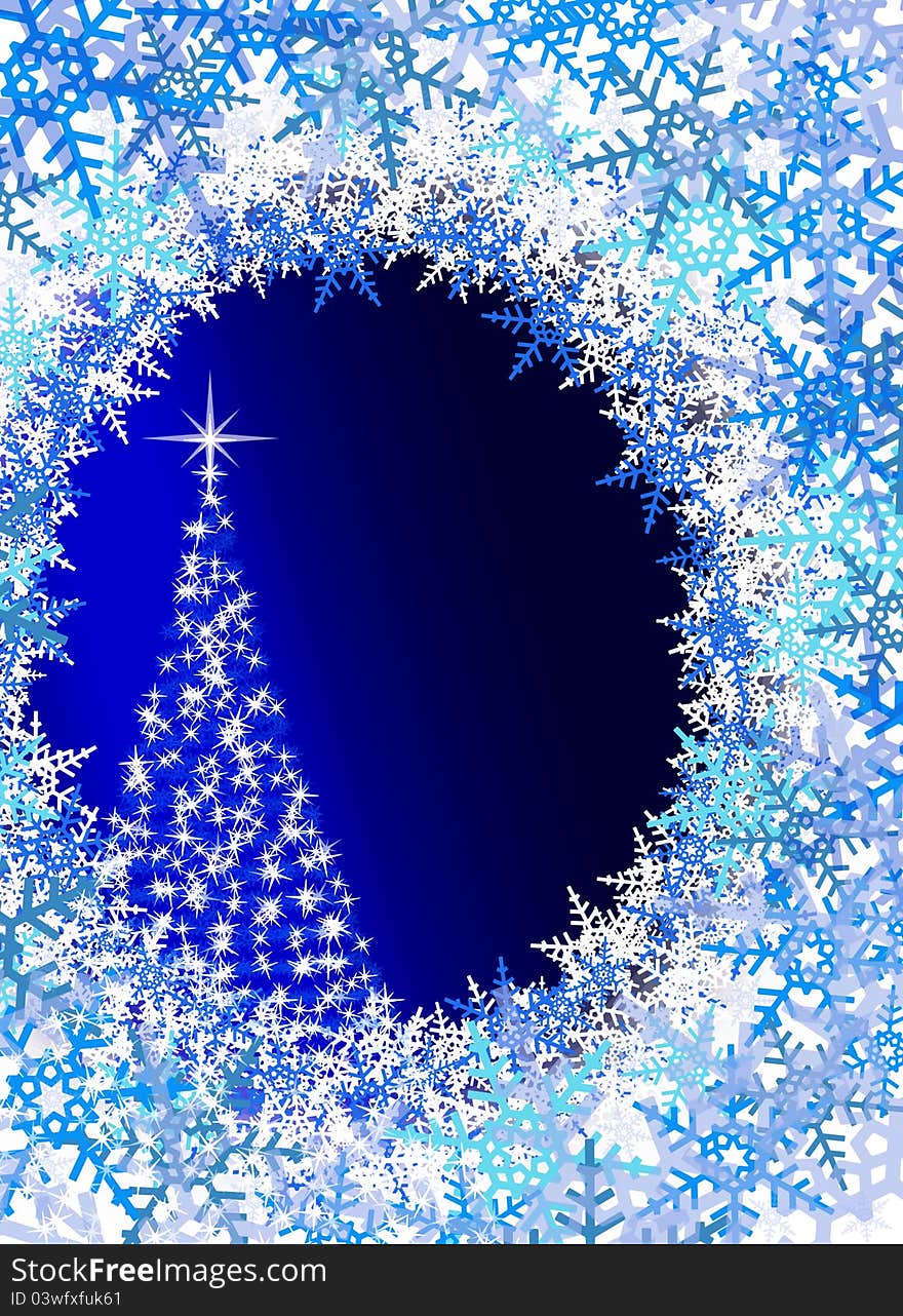 Christmas background formed from stars and snow flakes border and a tree